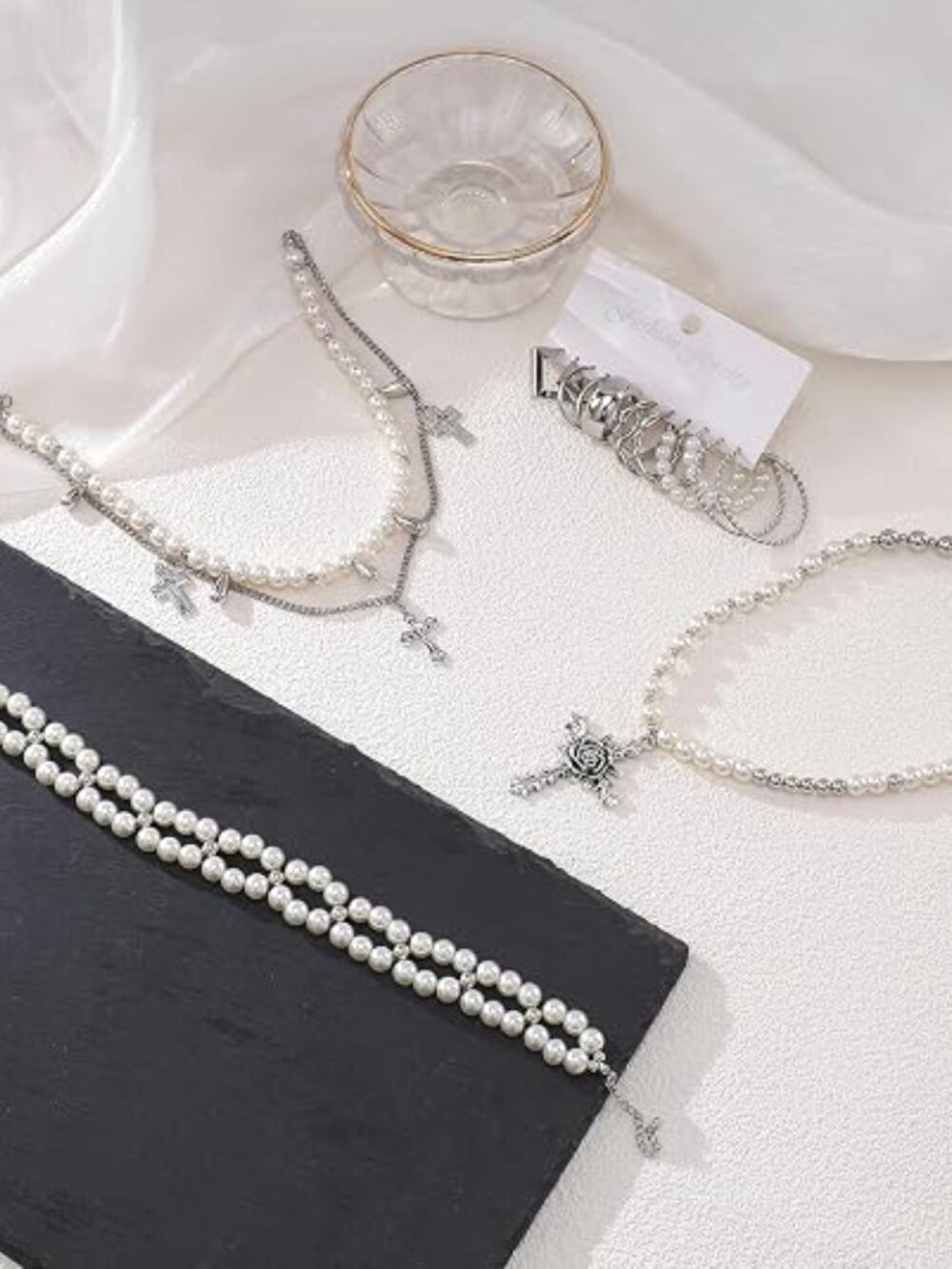 9 Piece Layered Pearl Cross Necklace Choker and Hoop Earrings Jewelry Set - Picture 2 of 7
